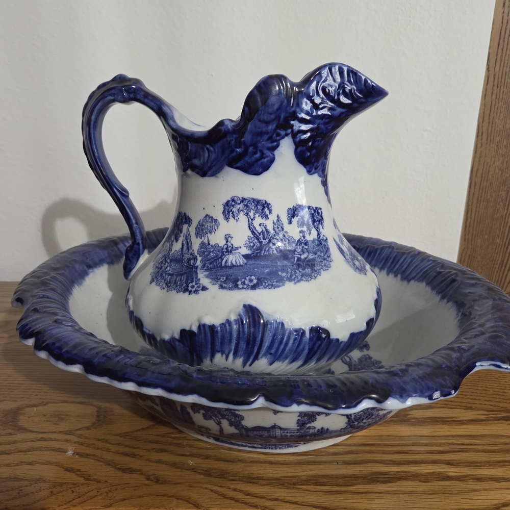 Staffordshire Romantic Collection. Blue and White Ceramic Pitcher and Basin